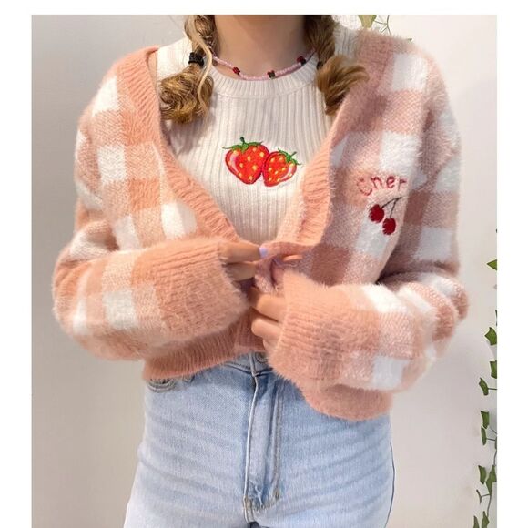 Harry’s Hidden Angels Cherry Fuzzy Cropped Cardigan Sweater Peach XL Gingham - Picture 3 of 11